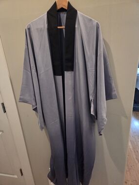 Silk Blue Ombre Kimono Robe with Dark Blue Shawl Collar